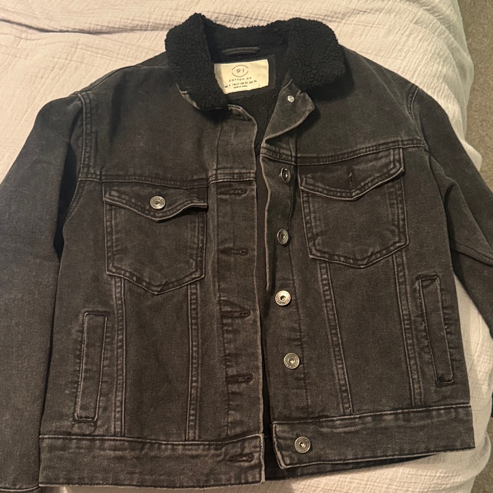 Cotton On Charcoal Denim Jacket with Black Sherpa Collar